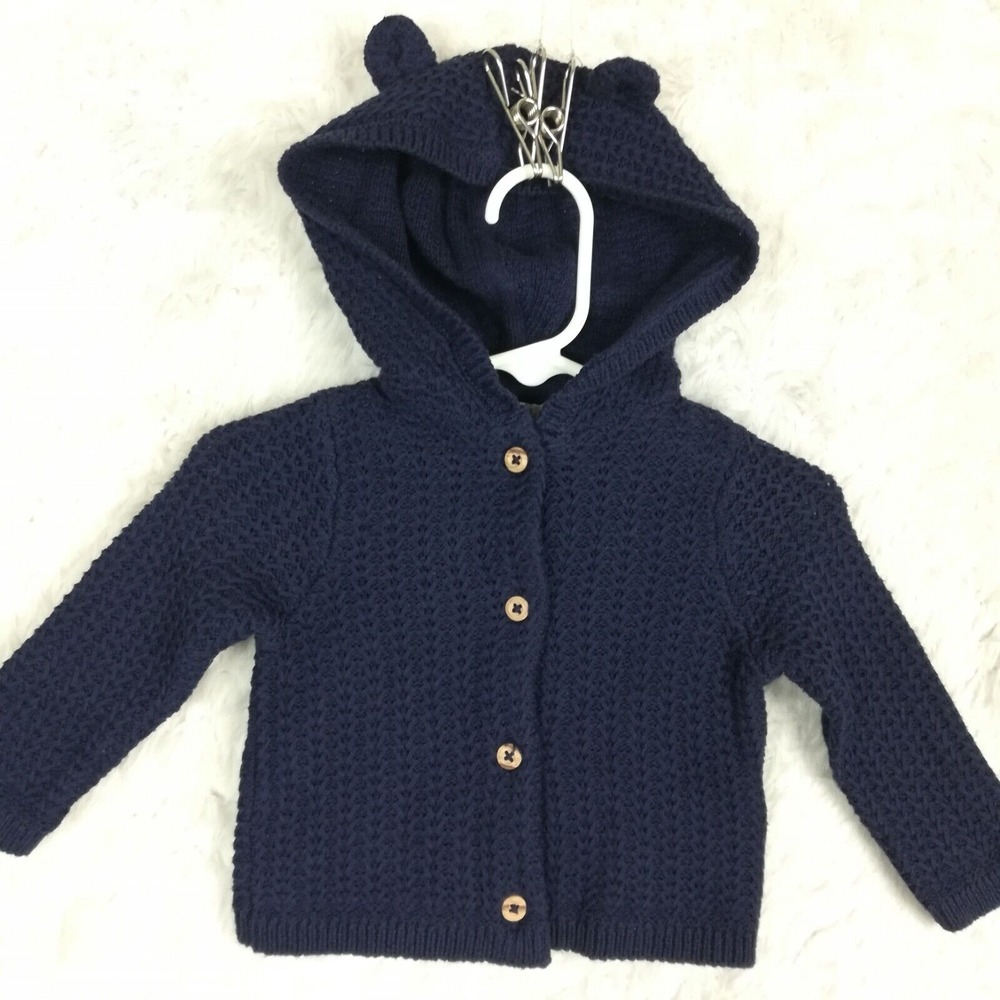 Tommy Bahama Girls Infant Baby Sweater Cardigan Navy Blue‎ Hooded Bear 3-6M New